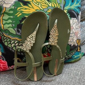 Ipanema Olive Sandals with Gold Accents